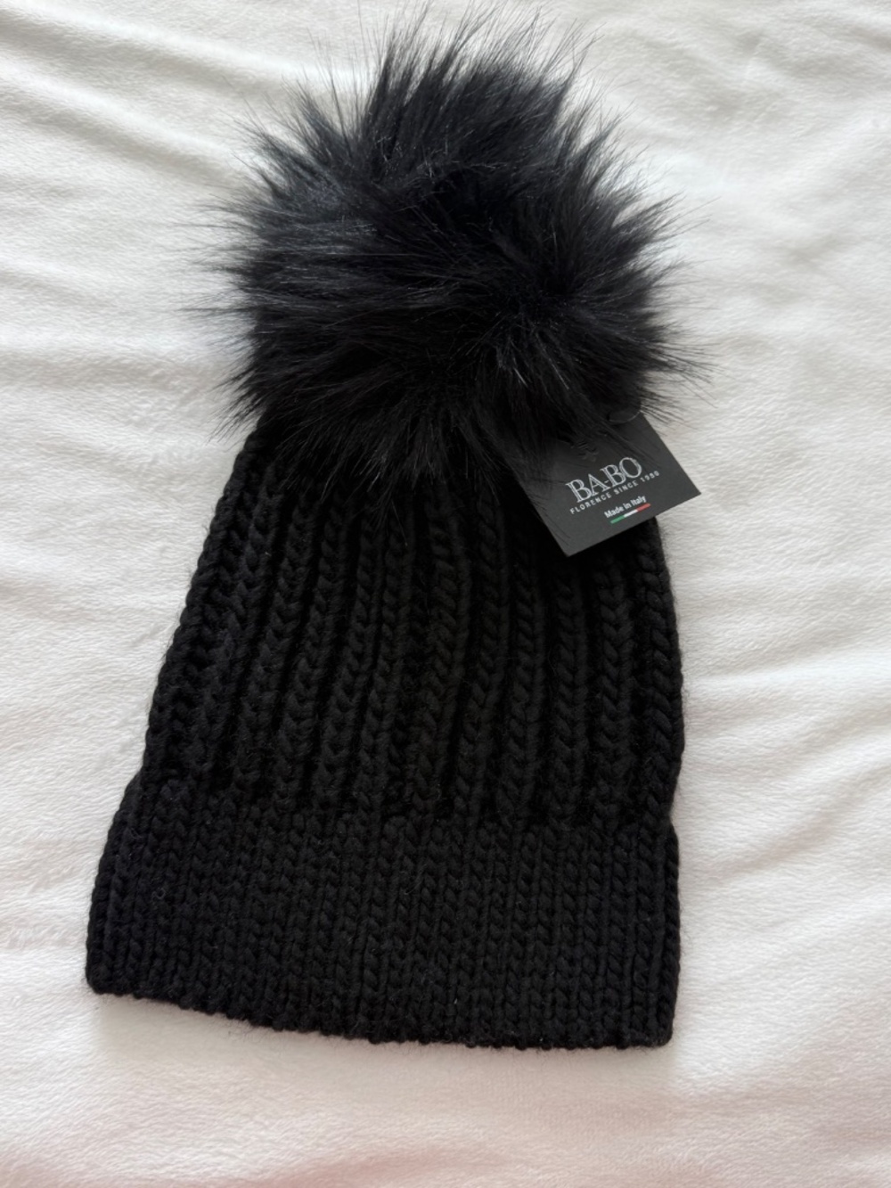 Babo Italy Hat Women's Black Knit Faux Fur Pom Beanie Warm One Size NWT